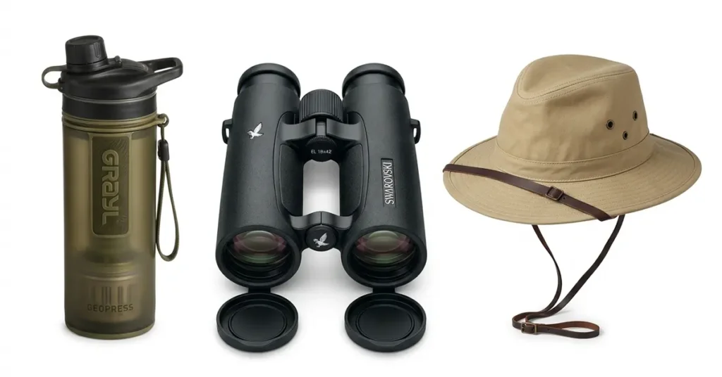 Best travel accessories for wildlife river safari featuring waterproof binoculars and sun hat