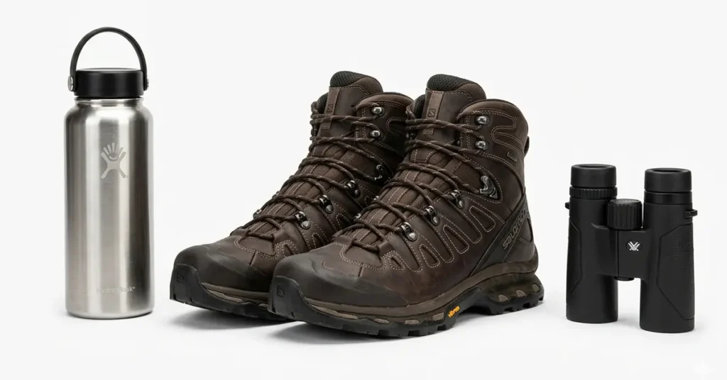 Premium outdoor travel gear including leather trekking shoes and insulated water bottle