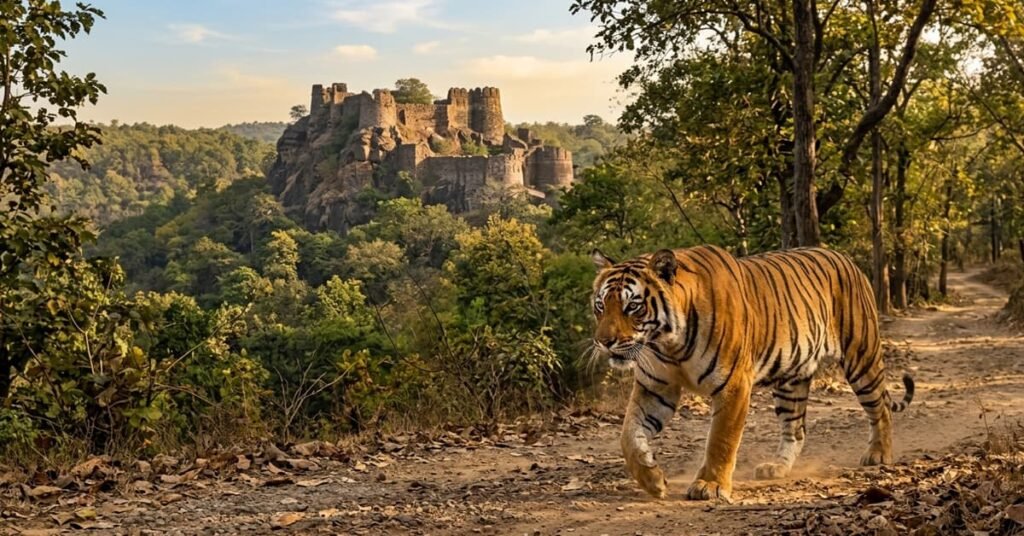 Royal Bengal Tiger near historic Singorgarh Fort inside Veerangana Durgavati Tiger Reserve Damoh Sagar Madhya Pradesh India
