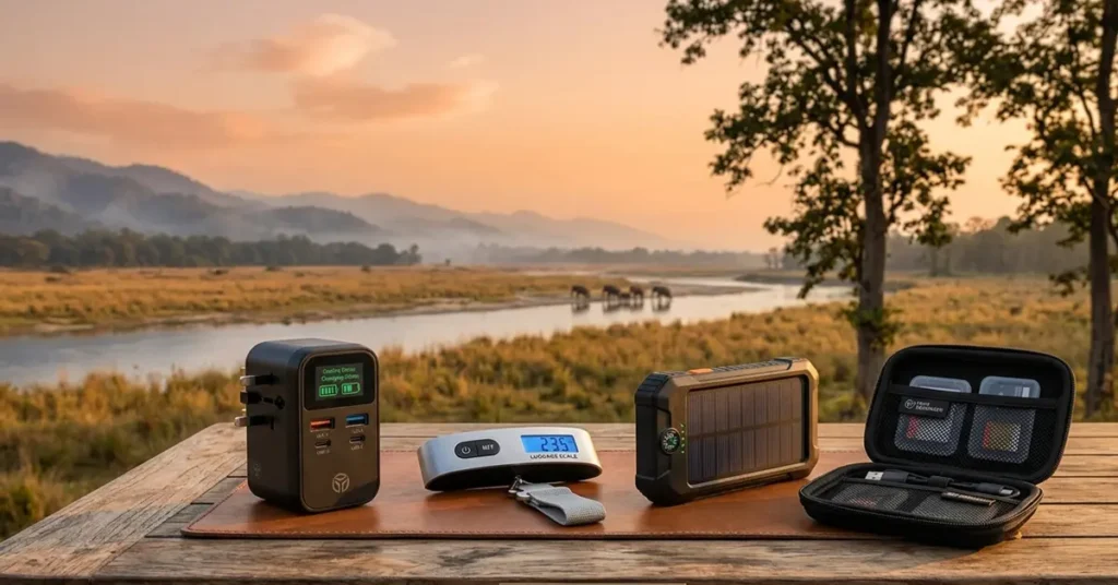 Essential travel gadgets—including a universal travel adapter, digital luggage scale, solar power bank, and tech organizer pouch—placed on a stone against the backdrop of the Ramganga River and the forest at Jim Corbett National Park.
