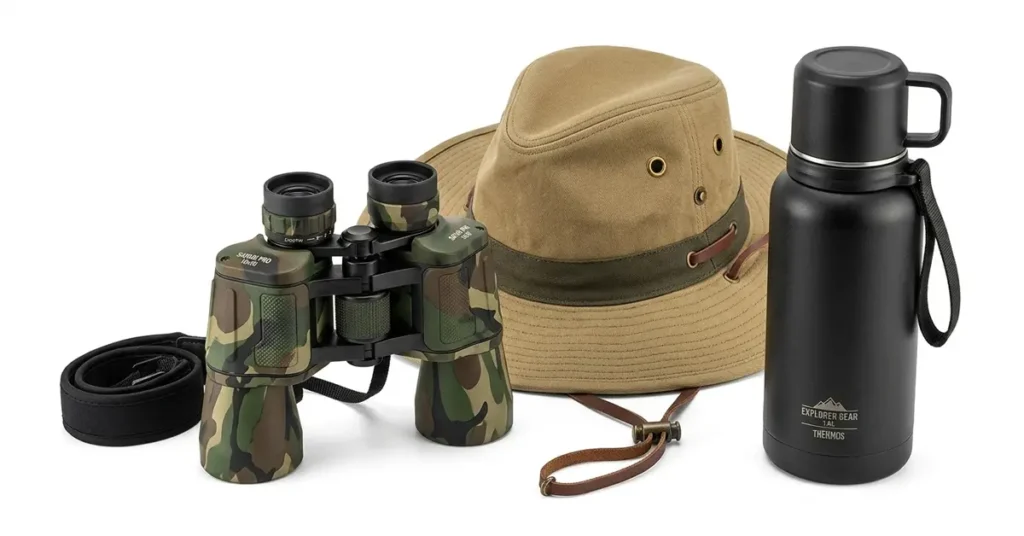 Best travel gadgets for jungle safari featuring a professional 10x50 wildlife binocular and khaki safari sun hat