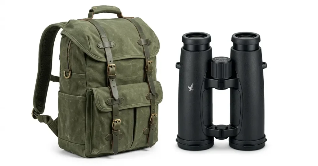 rofessional wildlife photography gear including a rugged safari backpack and Zeiss 10x42 binoculars