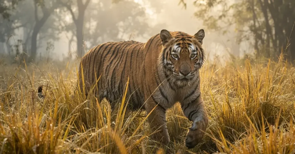Royal Bengal Tiger inside Kanha National Park Madhya Pradesh during a winter morning jungle safari
