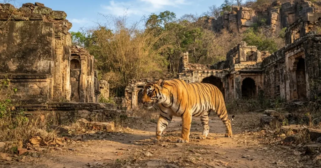 Royal Bengal Tiger walking near ancient ruins of Bandhavgarh Fort in Madhya Pradesh India