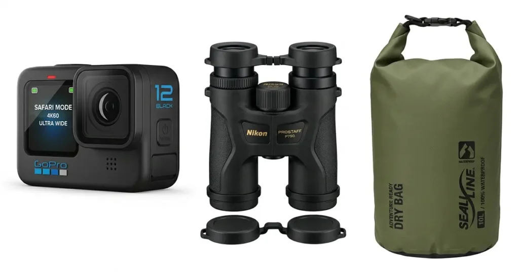 Best travel gadgets for wildlife photography featuring GoPro action camera and waterproof dry bag