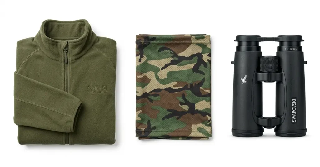 Juge safari essentials including windproof fleece jacket and camouflage bandana