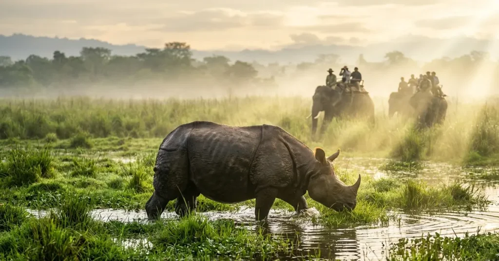 Greater One horned Rhinoceros and elephant safari inside Manas National Park Assam India