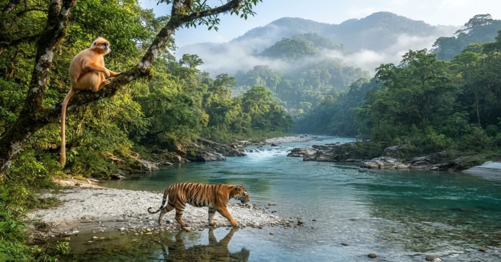 Rare Golden Langur and Bengal Tiger near Manas River inside Manas National Park Assam India