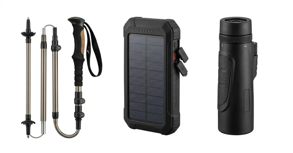 Best adventure travel gadgets including anti-shock hiking pole and solar power bank