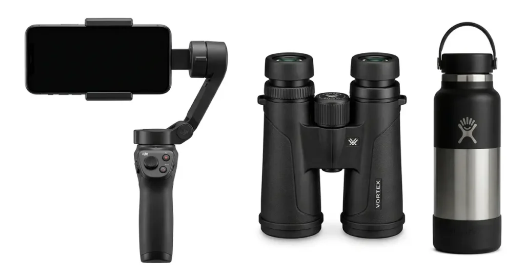 Best travel gadgets for safari featuring smartphone gimbal stabilizer and professional binoculars
