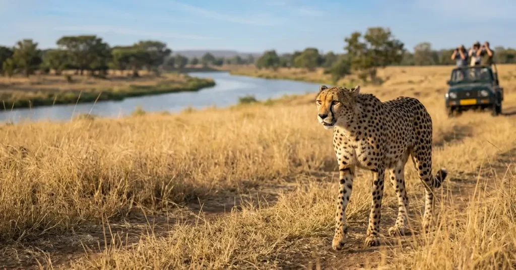 African Cheetah walking inside open savanna grasslands of Kuno National Park Madhya Pradesh India