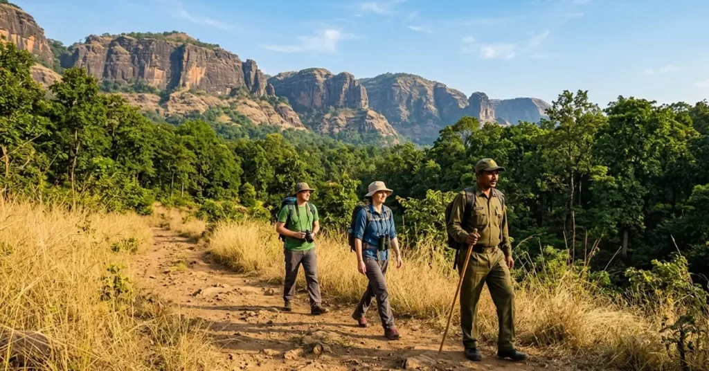 Travelers doing a walking jungle safari with a guide in Satpura Tiger Reserve Madhya Pradesh