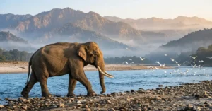 Wild Indian Elephant walking near Ganges River in Rajaji National Park Rishikesh Uttarakhand