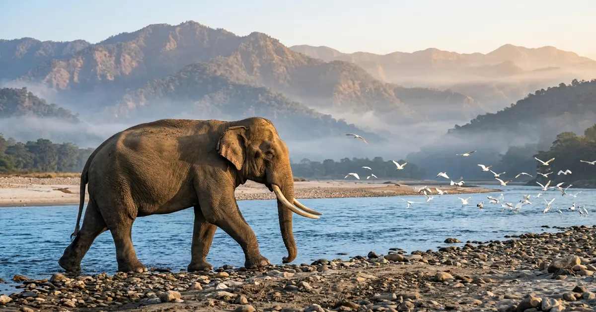 Wild Indian Elephant walking near Ganges River in Rajaji National Park Rishikesh Uttarakhand