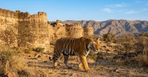Royal Bengal Tiger near historic Kankwari Fort in Sariska Tiger Reserve Rajasthan