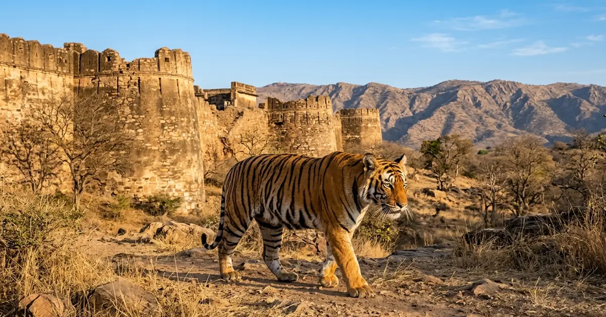 Royal Bengal Tiger near historic Kankwari Fort in Sariska Tiger Reserve Rajasthan