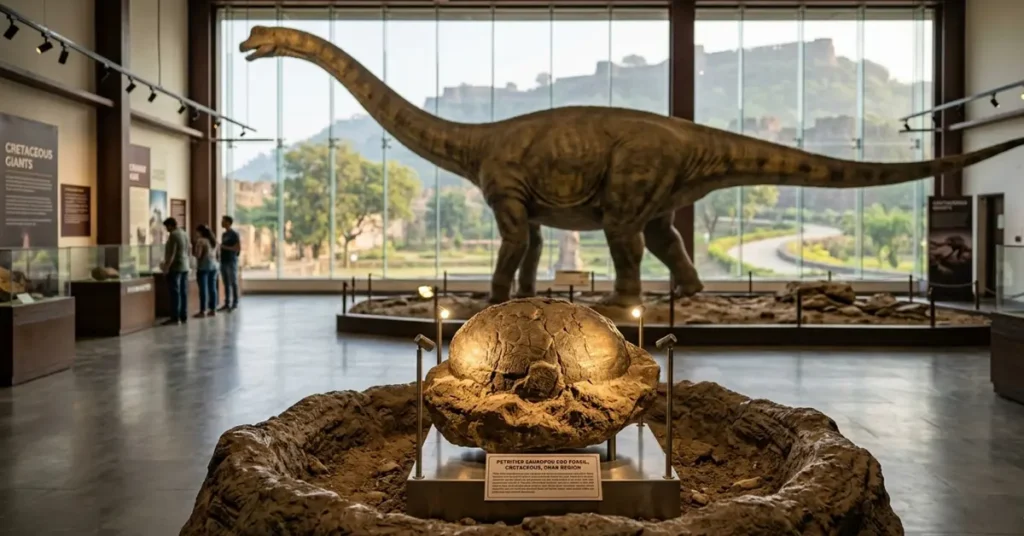 Authentic Dinosaur egg fossil inside Dhar Dinosaur Fossil National Park museum near Mandu Madhya Pradesh India