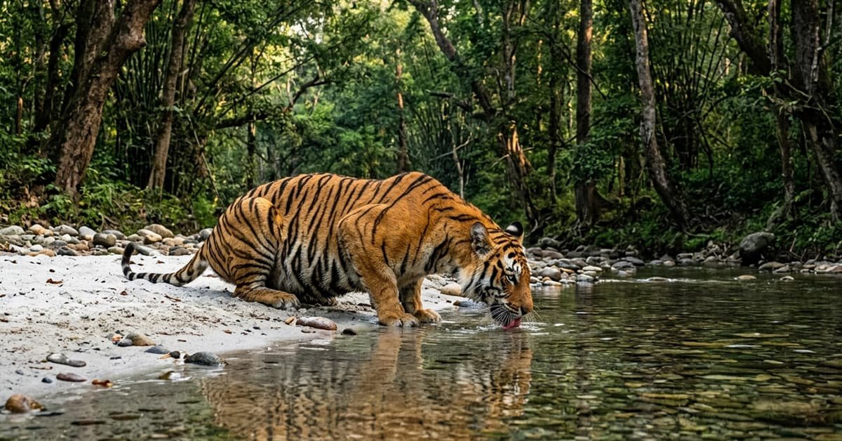 Royal Bengal Tiger drinking water near Banas River inside Sanjay Dubri National Park Madhya Pradesh India