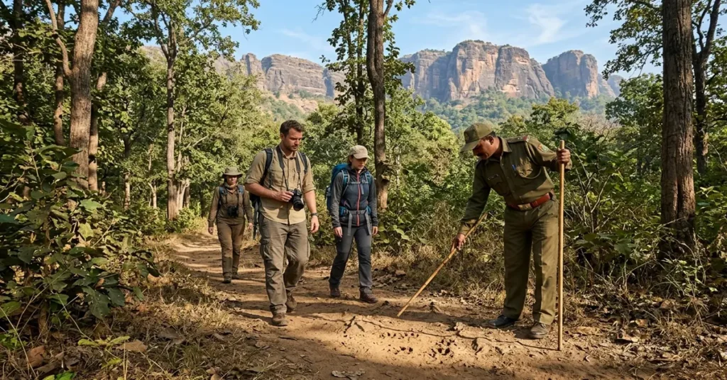 Travelers doing a walking jungle safari with a guide in Satpura Tiger Reserve Madhya Pradesh
