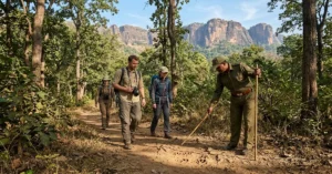 Travelers doing a walking jungle safari with a guide in Satpura Tiger Reserve Madhya Pradesh