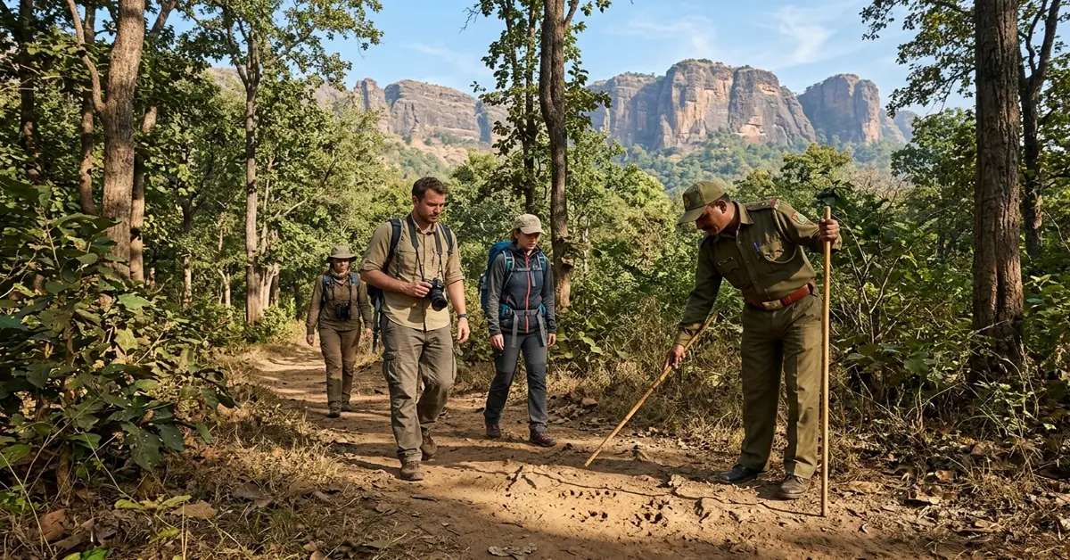 Travelers doing a walking jungle safari with a guide in Satpura Tiger Reserve Madhya Pradesh