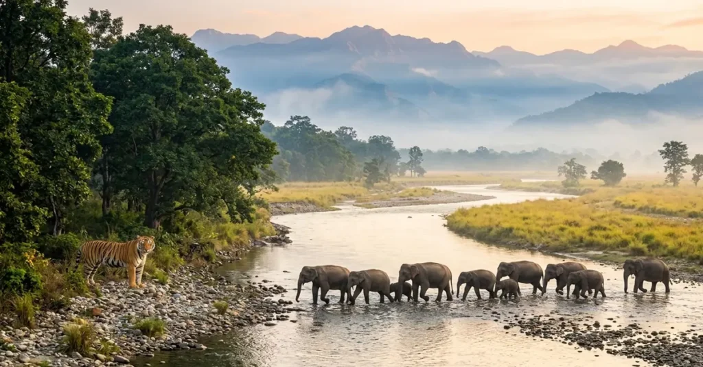 Wild Indian Elephants and Bengal Tiger near Ramganga River in Jim Corbett National Park Uttarakhand