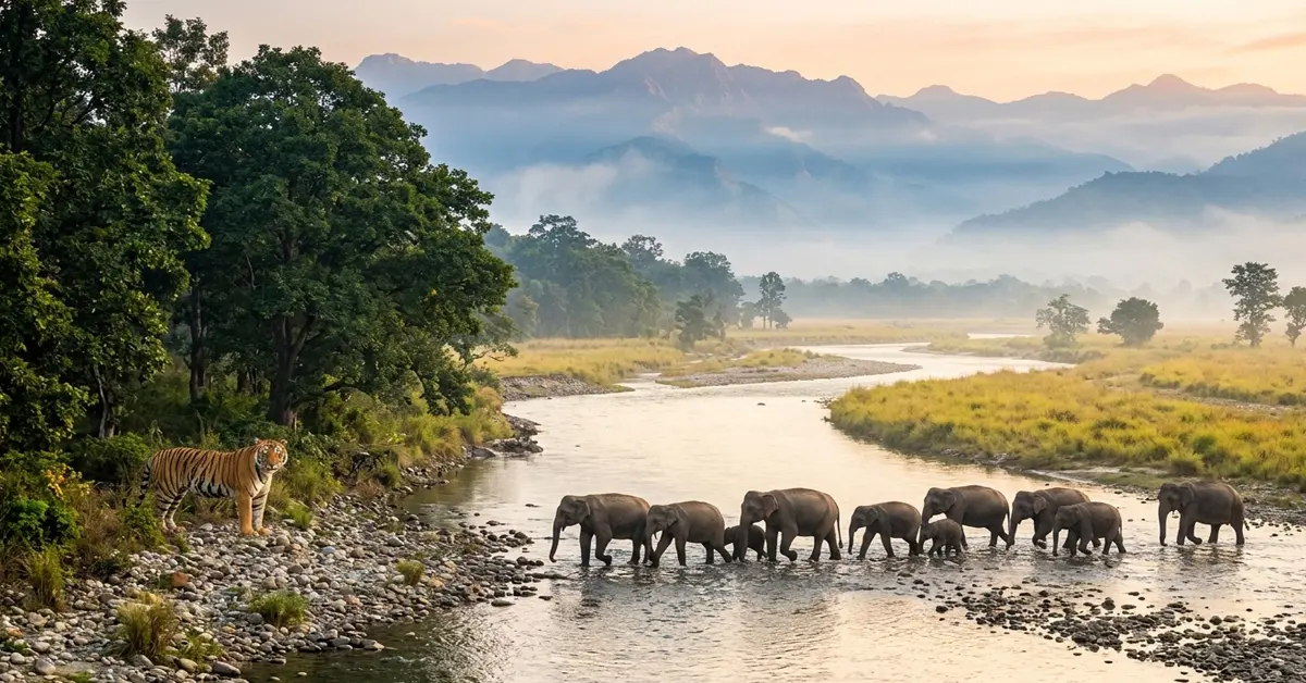 Wild Indian Elephants and Bengal Tiger near Ramganga River in Jim Corbett National Park Uttarakhand