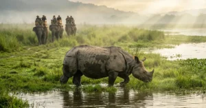 Greater One horned Rhinoceros and elephant safari inside Kaziranga National Park Assam India