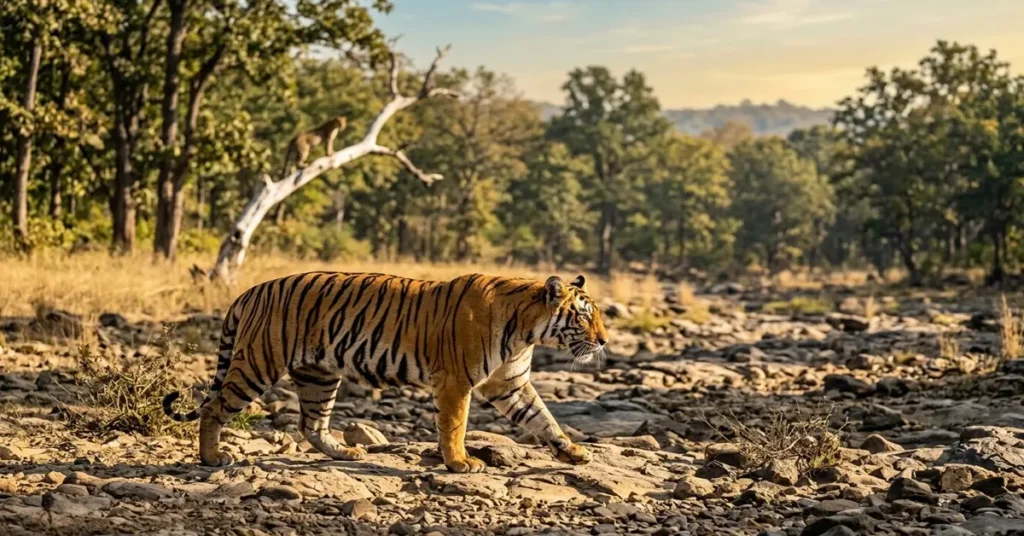 Royal Bengal Tiger and Leopard inside Pench Tiger Reserve Madhya Pradesh India