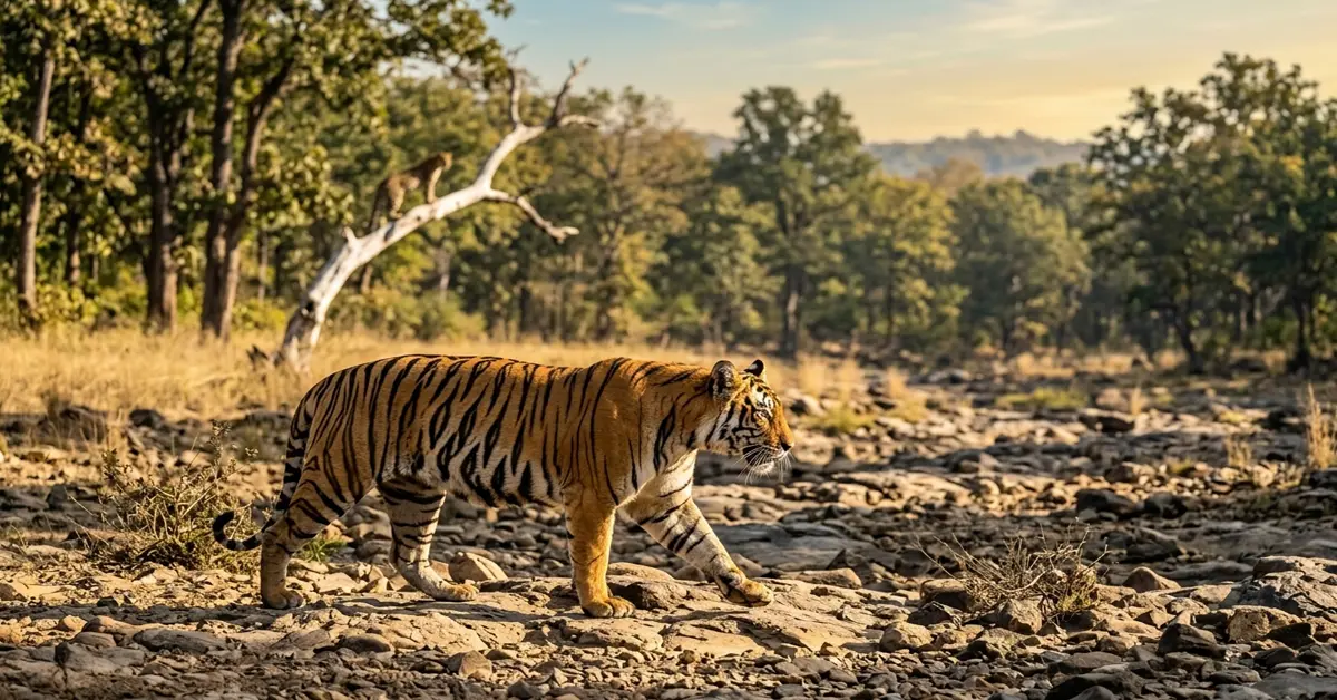 Royal Bengal Tiger and Leopard inside Pench Tiger Reserve Madhya Pradesh India