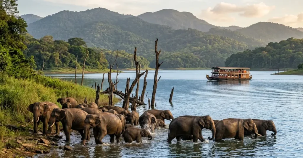 Wild Indian Elephants bathing in Periyar Lake inside Periyar National Park Kerala India