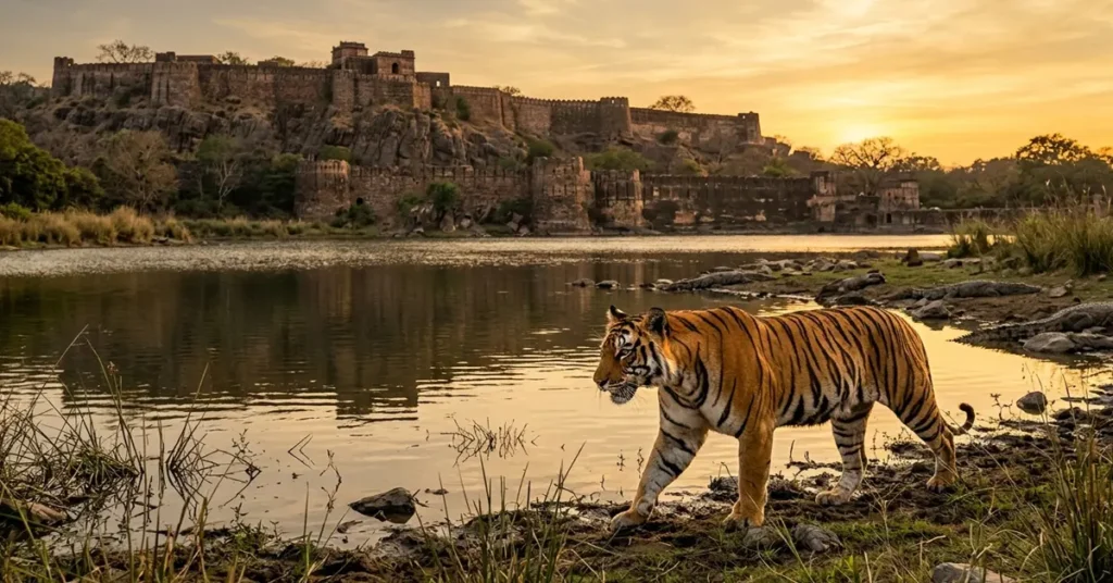 Royal Bengal Tiger near Padam Talao lake and Ranthambore Fort Rajasthan India