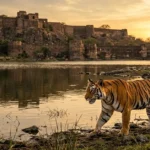 Royal Bengal Tiger near Padam Talao lake and Ranthambore Fort Rajasthan India