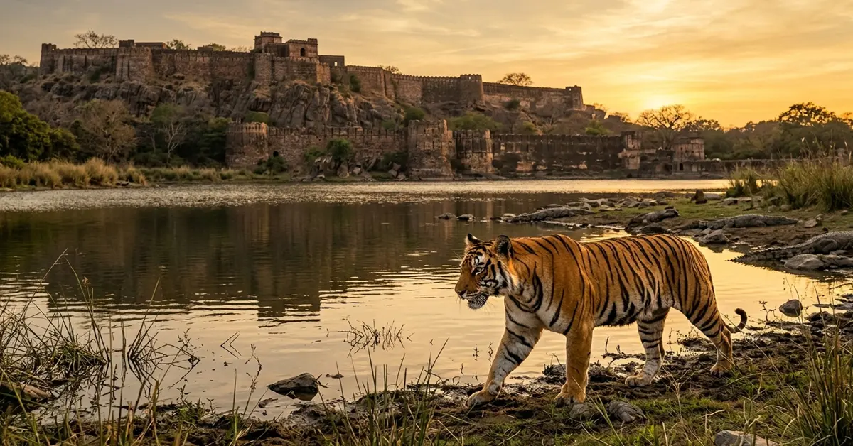 Royal Bengal Tiger near Padam Talao lake and Ranthambore Fort Rajasthan India