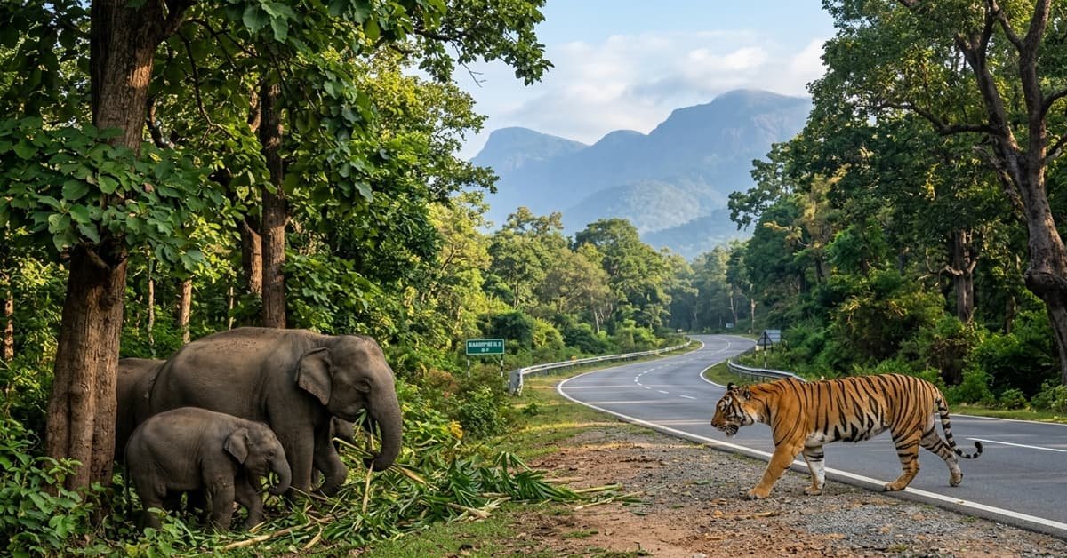 Royal Bengal Tiger and wild Indian Elephants near Mysore Ooty highway inside Bandipur National Park Karnataka India