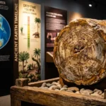 Ancient petrified palm tree trunk fossil inside Ghughua Fossil National Park museum Dindori Madhya Pradesh India