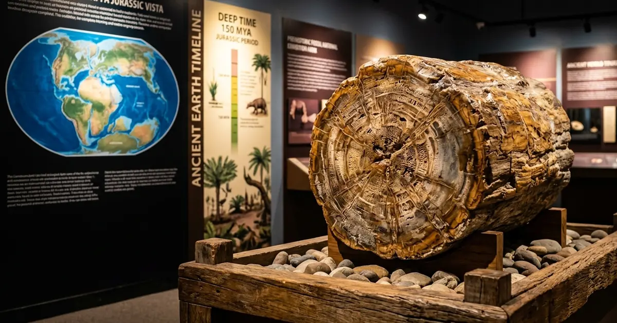 Ancient petrified palm tree trunk fossil inside Ghughua Fossil National Park museum Dindori Madhya Pradesh India