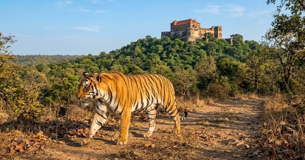 Royal Bengal Tiger near historic George Castle inside Madhav National Park Shivpuri Madhya Pradesh India