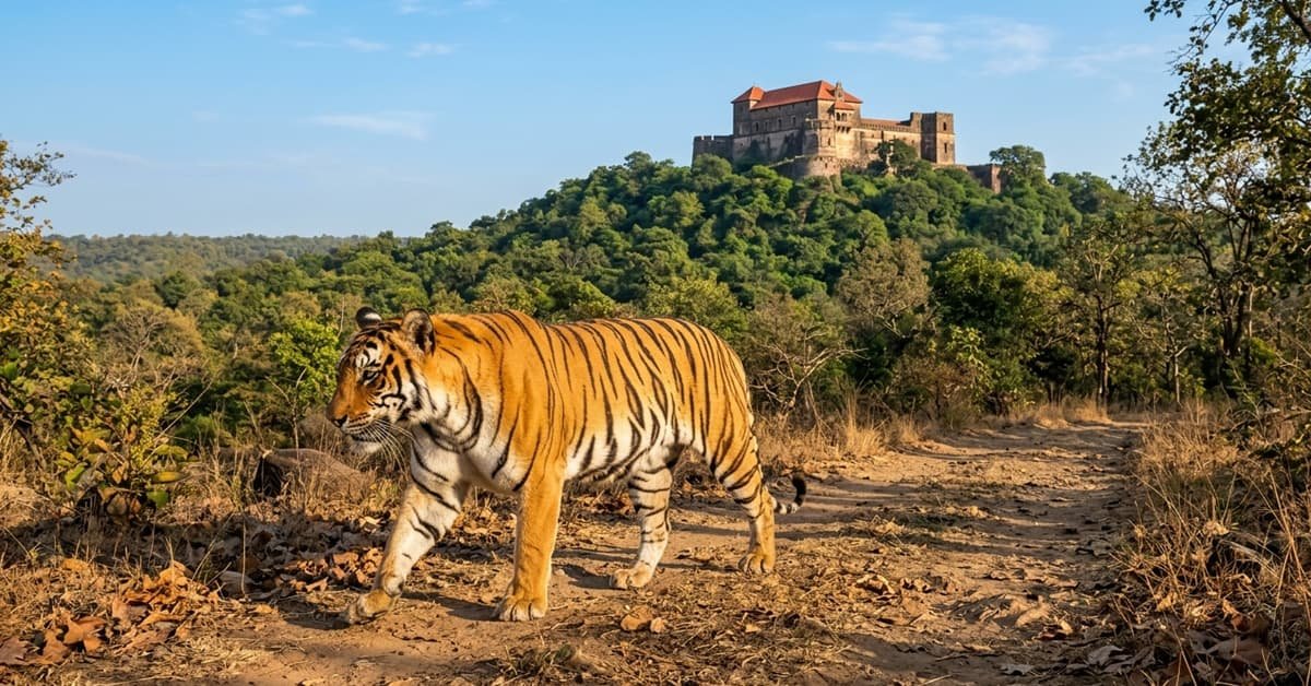 Royal Bengal Tiger near historic George Castle inside Madhav National Park Shivpuri Madhya Pradesh India