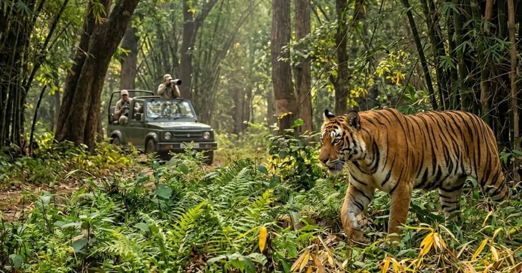 Royal Bengal Tiger walking inside dense bamboo forest of Panpatha Wildlife Sanctuary Madhya Pradesh India