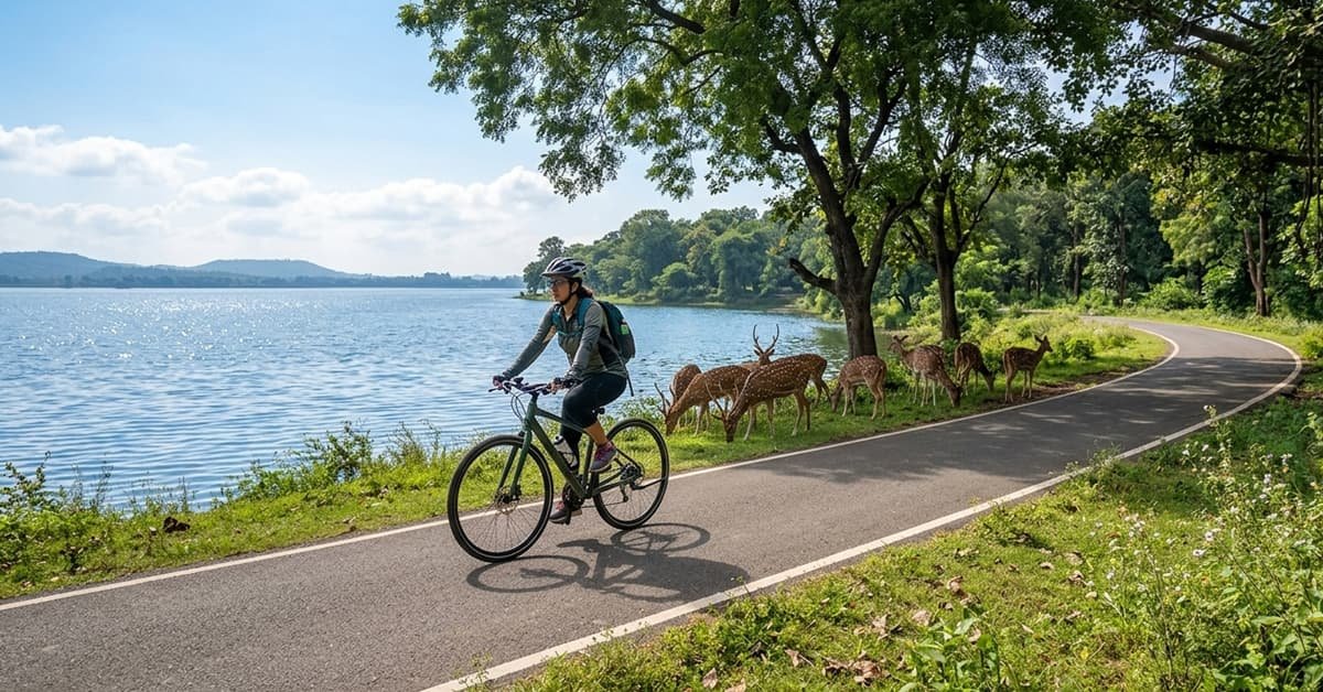 Traveler riding a bicycle near Bhojtal lake inside Van Vihar National Park Bhopal Madhya Pradesh India